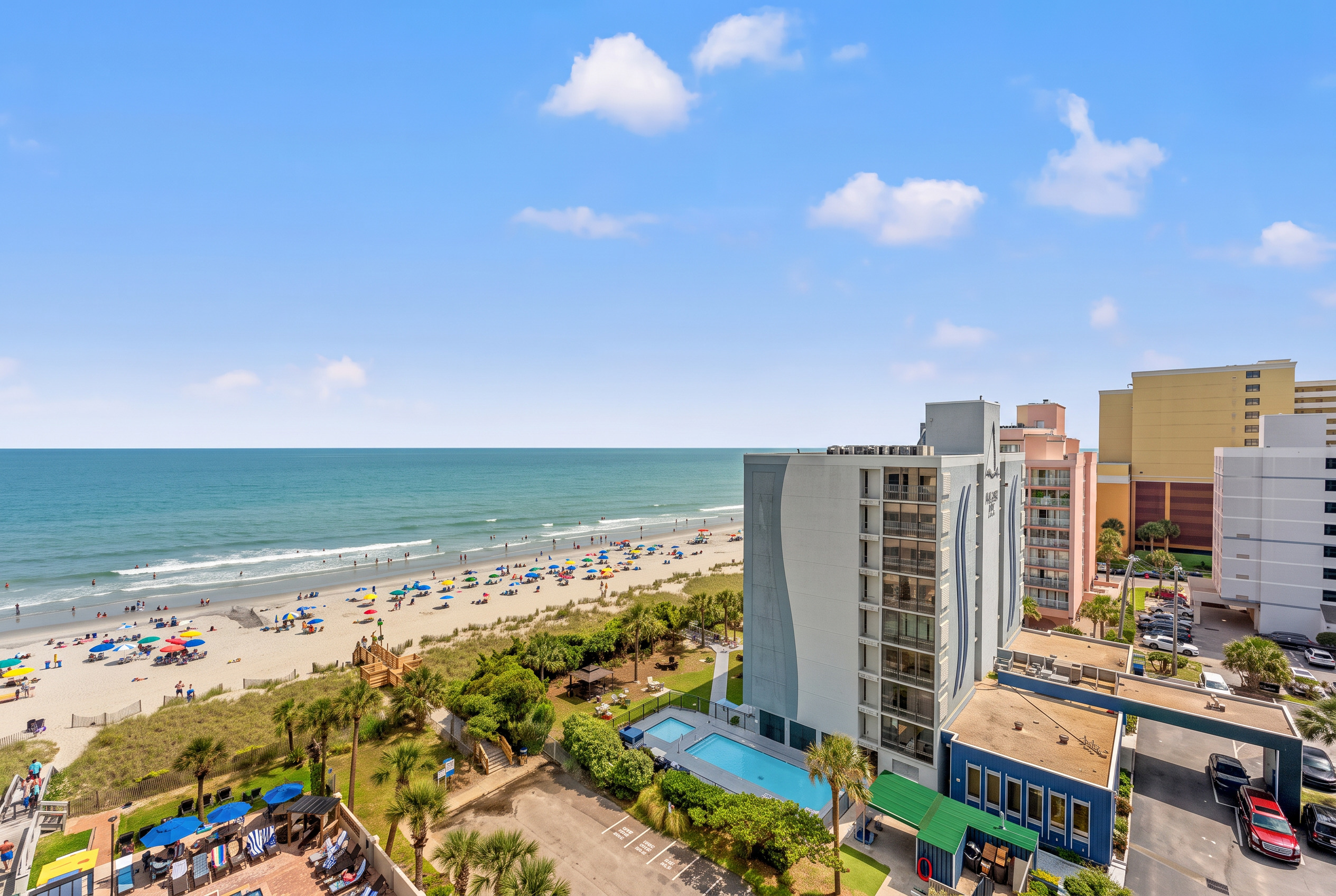 Oceanfront view of the Myrtle Beach coastline and beachfront condo resort