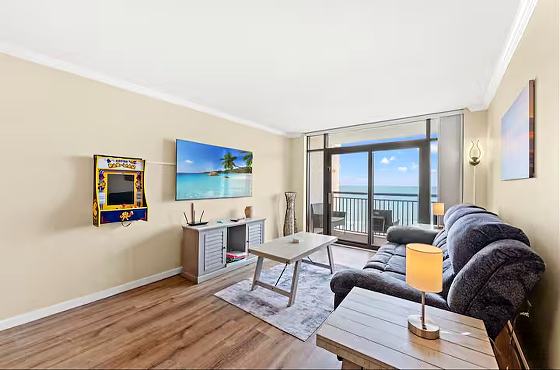 Living room of the Myrtle Beach condo with ocean view balcony